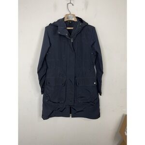 Athleta Womens Parka Jacket Small Blue Waterproof Rain Coat Hooded Ballard Navy